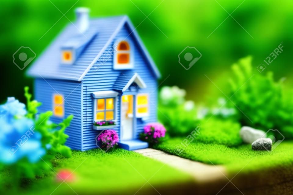 Miniature house in the garden. Real estate concept. Selective focus.