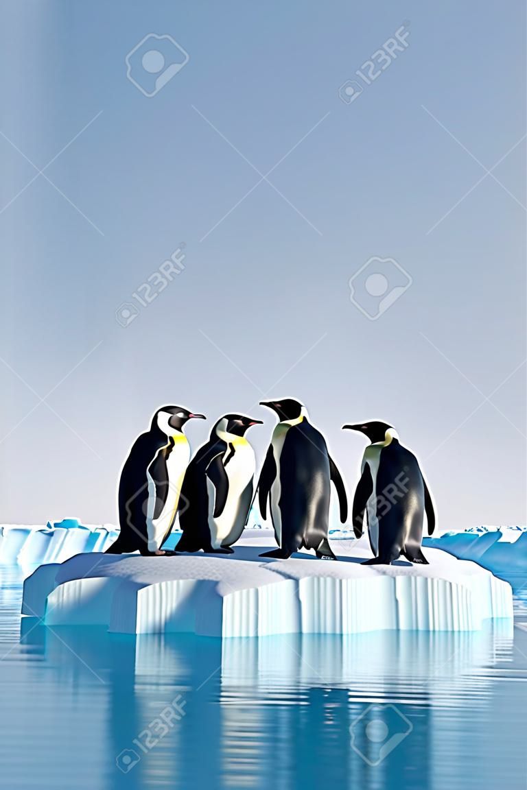 Pingwiny na krze w oceanie. renderowania 3D