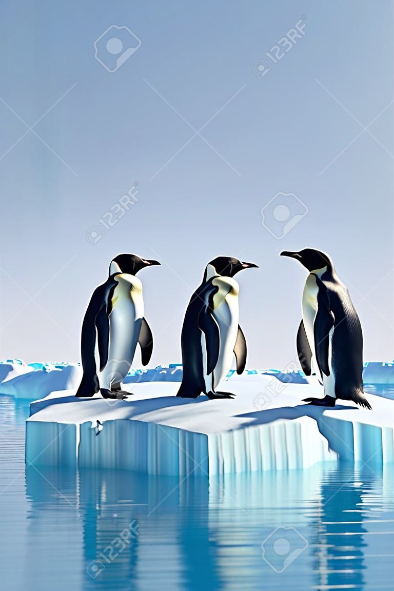 Pingouins sur la banquise dans l'océan rendu 3D