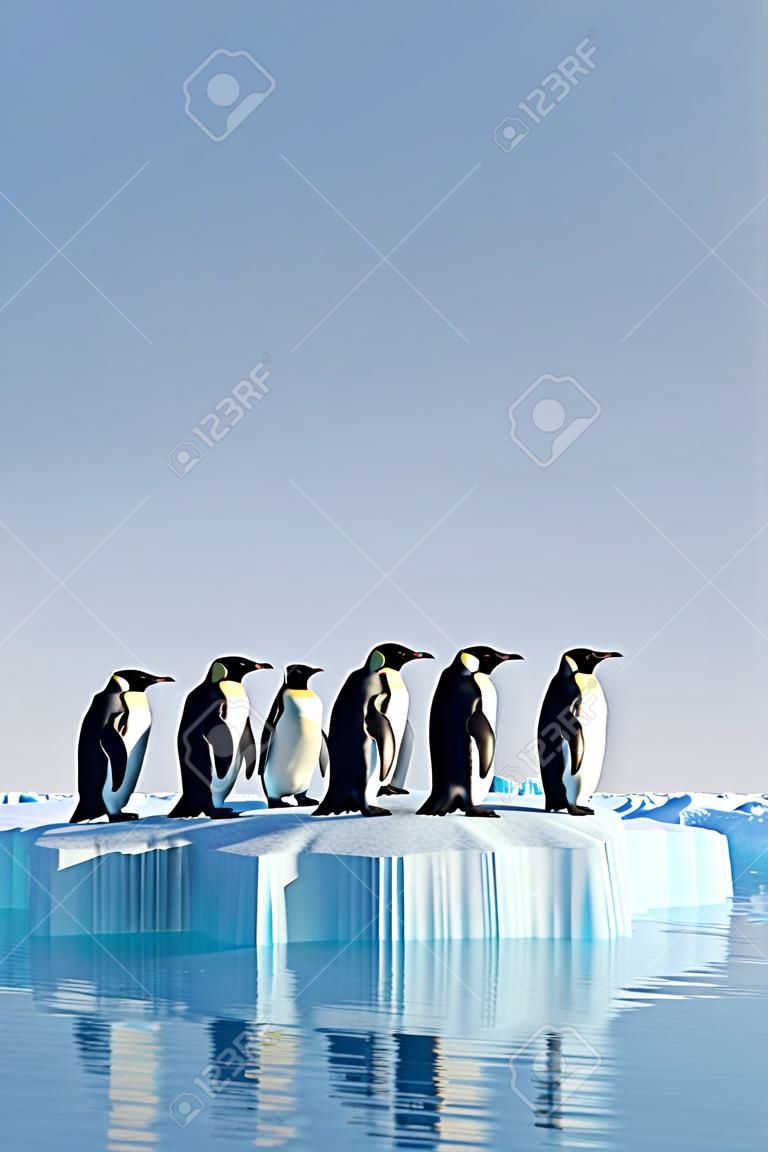 Pinguins em bloco de gelo no oceano renderização 3d