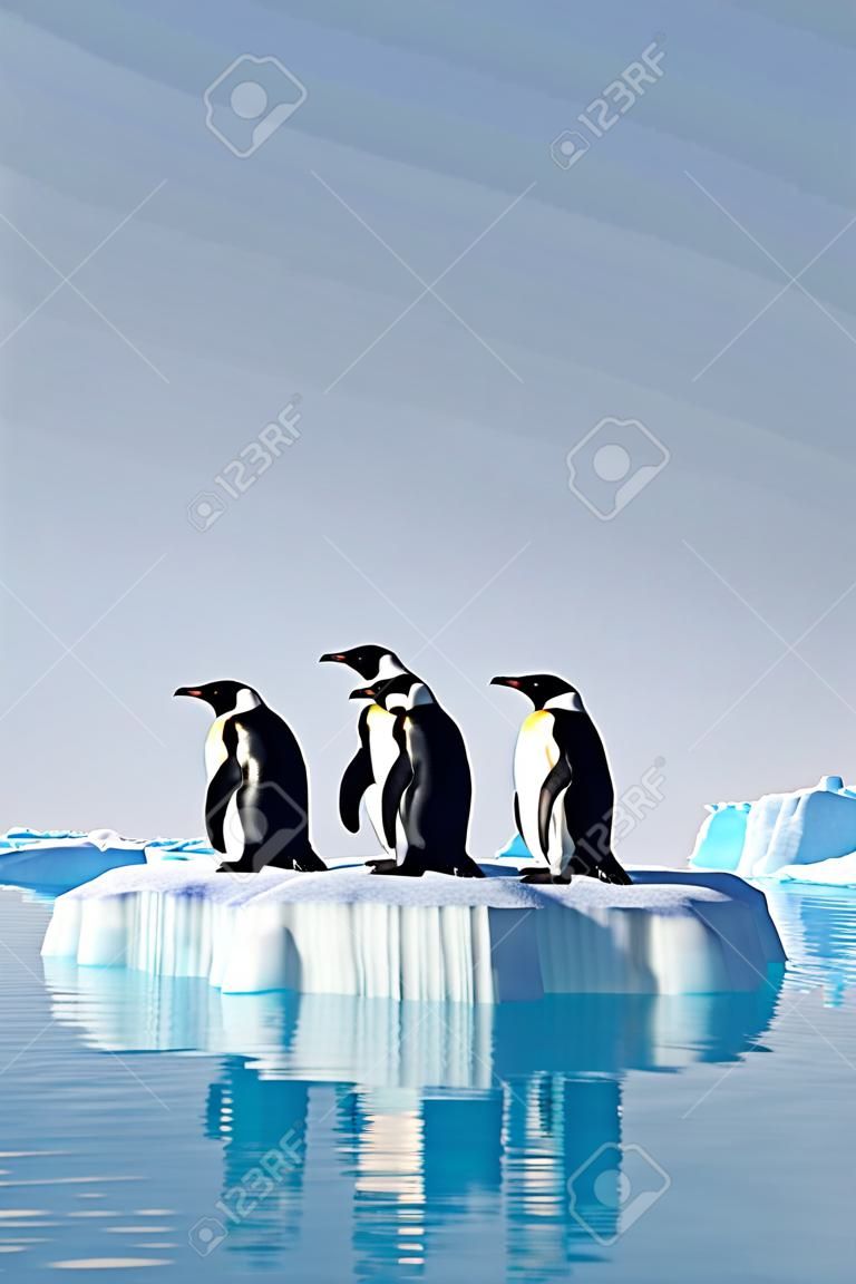 Pingwiny na krze w oceanie. renderowania 3D
