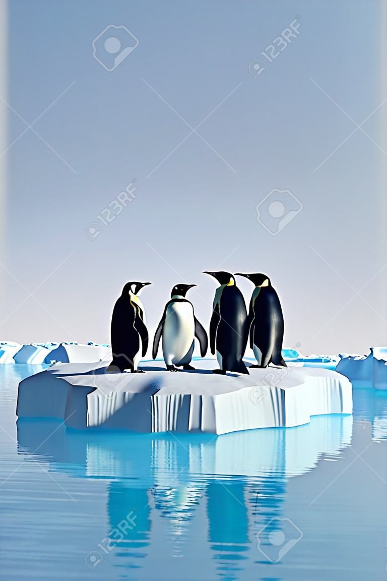 Pinguins em bloco de gelo no oceano renderização 3d