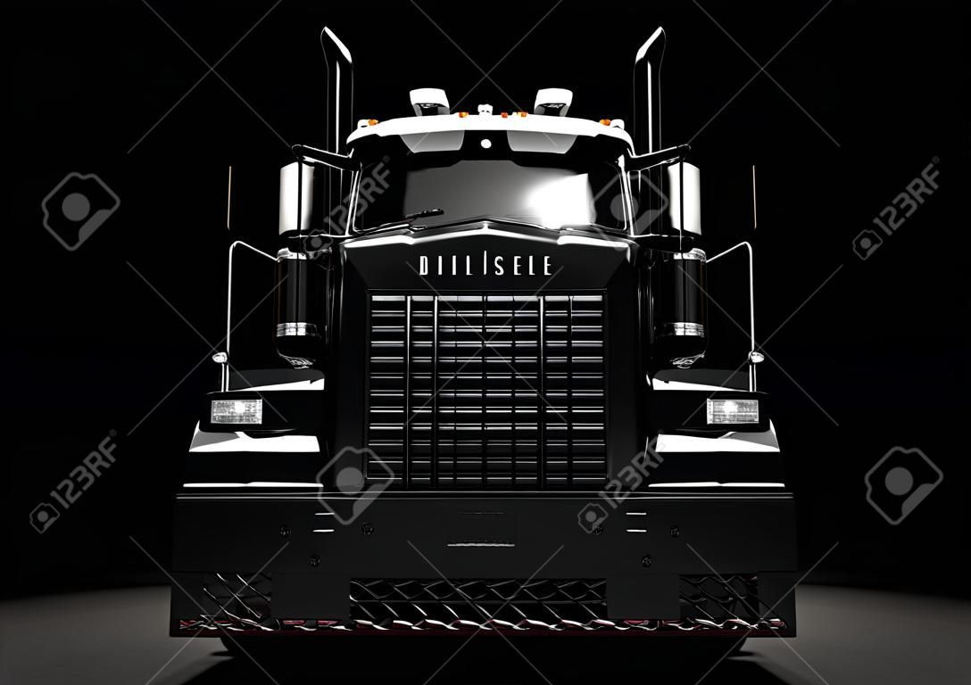 Vista frontal de un camión diesel largo y negro en un fondo oscuro