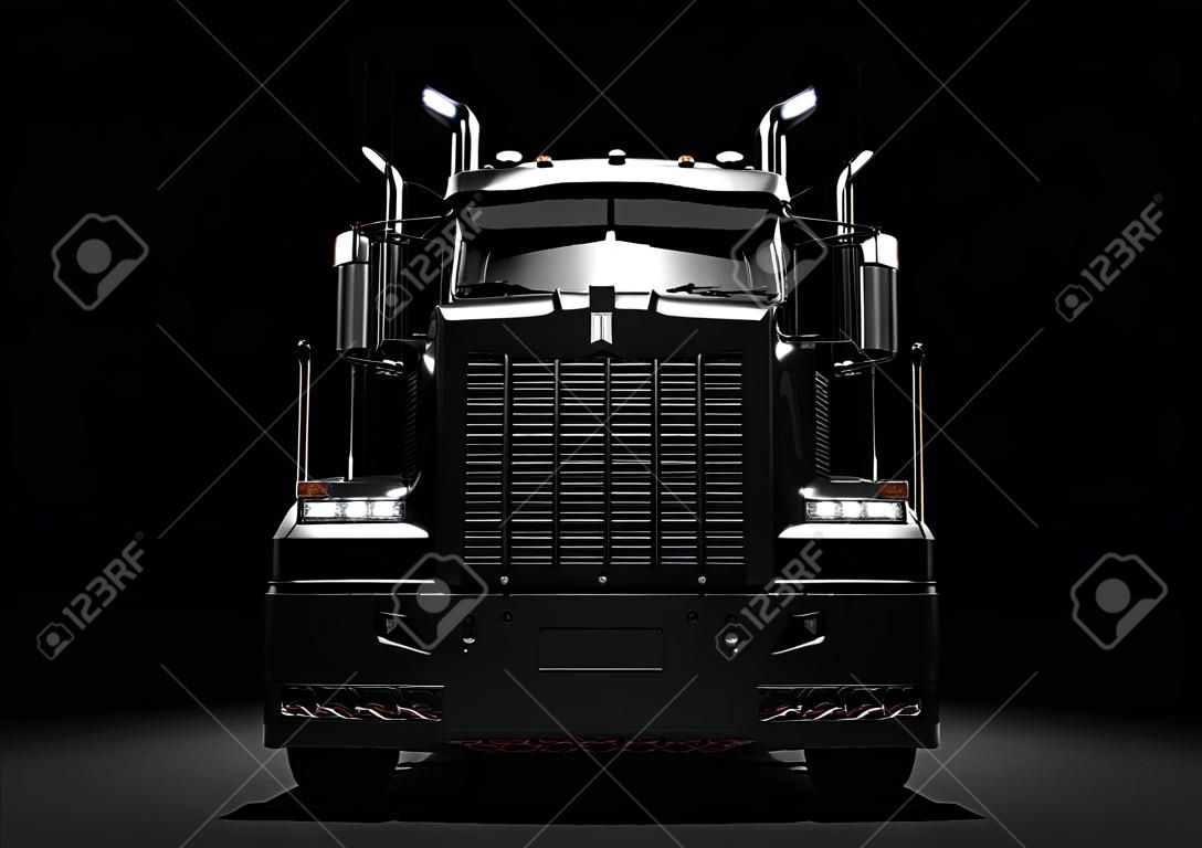 暗い背景で黒い長いディーゼル トラックの正面図