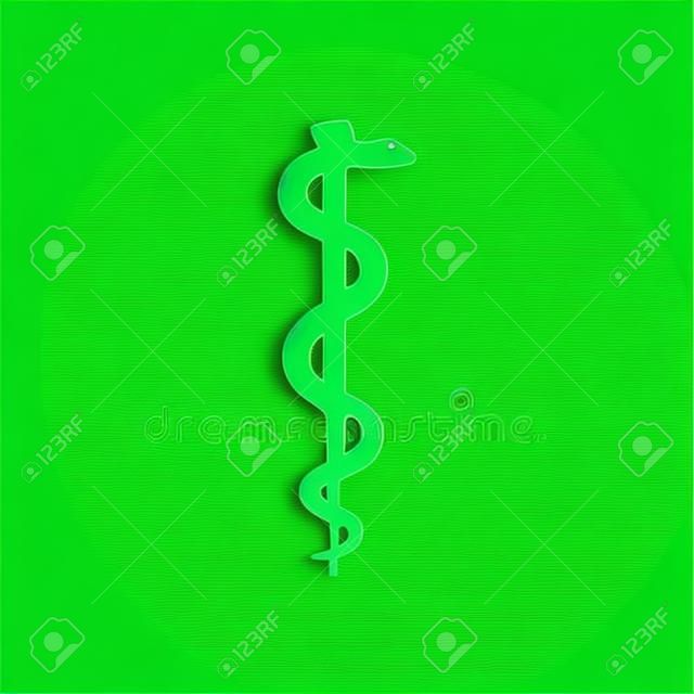 Rod of asclepius snake coiled up silhouette icon on green background. Medicine and health care concept. Emblem for drugstore or medicine, pharmacy snake symbol. Flat design. Vector Illustration