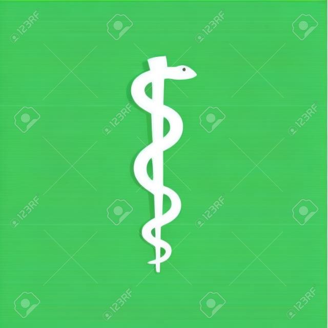 Rod of asclepius snake coiled up silhouette icon on green background. Medicine and health care concept. Emblem for drugstore or medicine, pharmacy snake symbol. Flat design. Vector Illustration