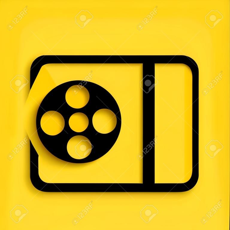 Carrete de película negra y icono de película de vídeo de reproducción aislado en fondo amarillo. Estilo de sombra larga. Vector