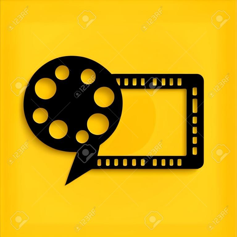 Black Film reel and play video movie film icon isolated on yellow background. Long shadow style. Vector