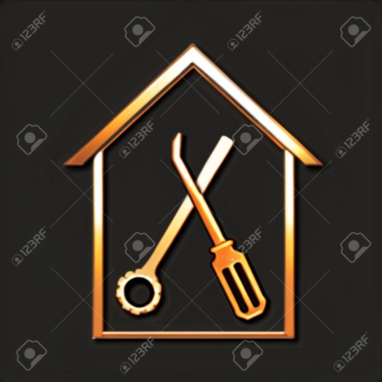 Gold House or home with screwdriver and wrench icon isolated on black background. Adjusting, service, setting, maintenance, repair, fixing. Long shadow style. Vector