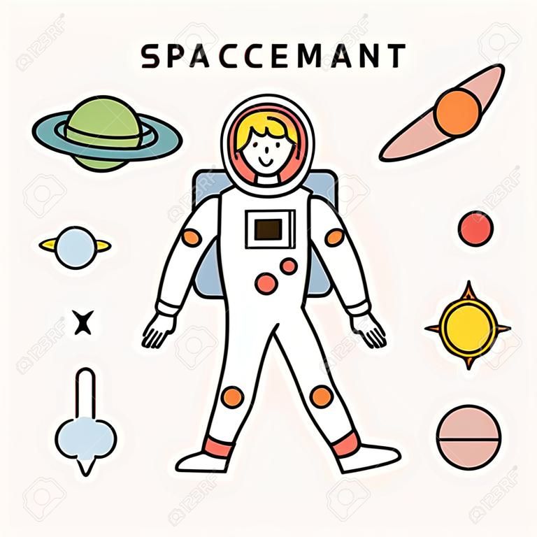 Set di caratteri e icone di Spaceman. illustrazione vettoriale minima in stile design piatto.