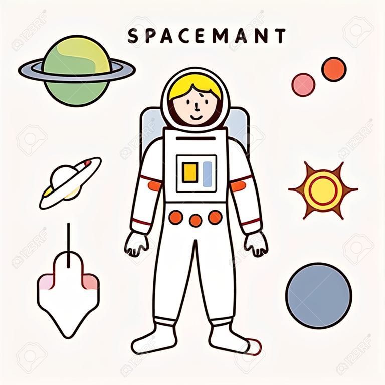 Set di caratteri e icone di Spaceman. illustrazione vettoriale minima in stile design piatto.