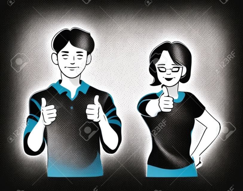 De man en vrouw verhogen hun duimen en prijzen. hand getekende stijl vector ontwerp illustraties.