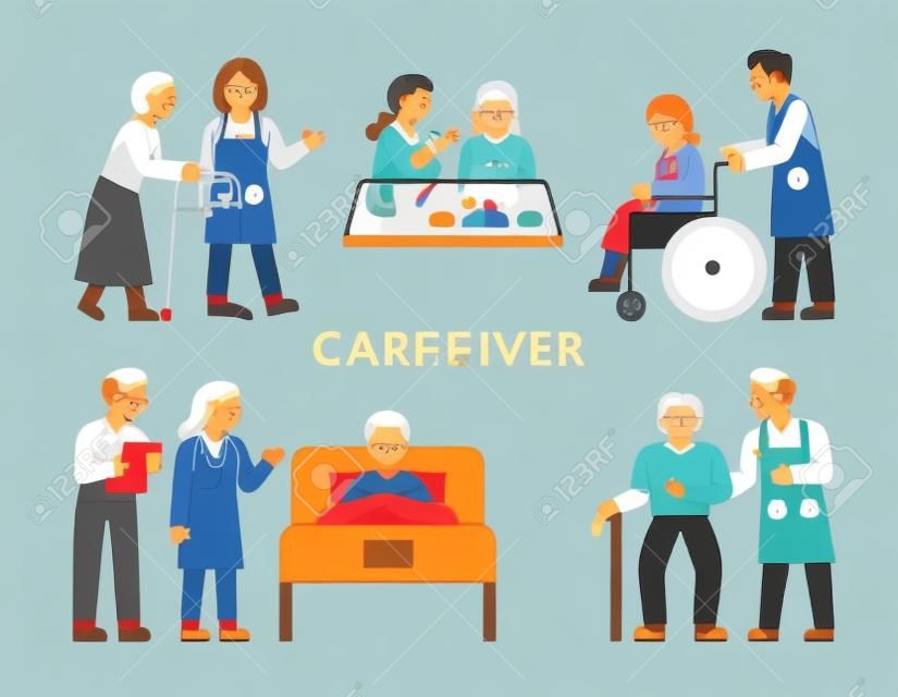Różne obowiązki osób starszych i pielęgniarek w domach pomocy społecznej. płaska konstrukcja styl minimalna ilustracja wektorowa.
