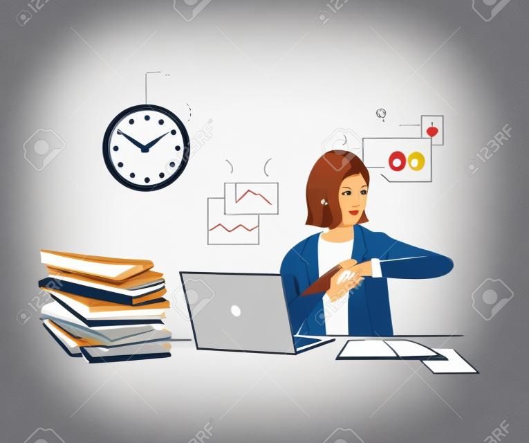 Una mujer de negocios está mirando el reloj, ya pasó el final del día de trabajo, pero el trabajo está apilado en el escritorio. ilustraciones de diseño vectorial de estilo dibujado a mano.
