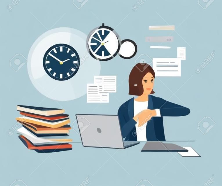 Una mujer de negocios está mirando el reloj, ya pasó el final del día de trabajo, pero el trabajo está apilado en el escritorio. ilustraciones de diseño vectorial de estilo dibujado a mano.