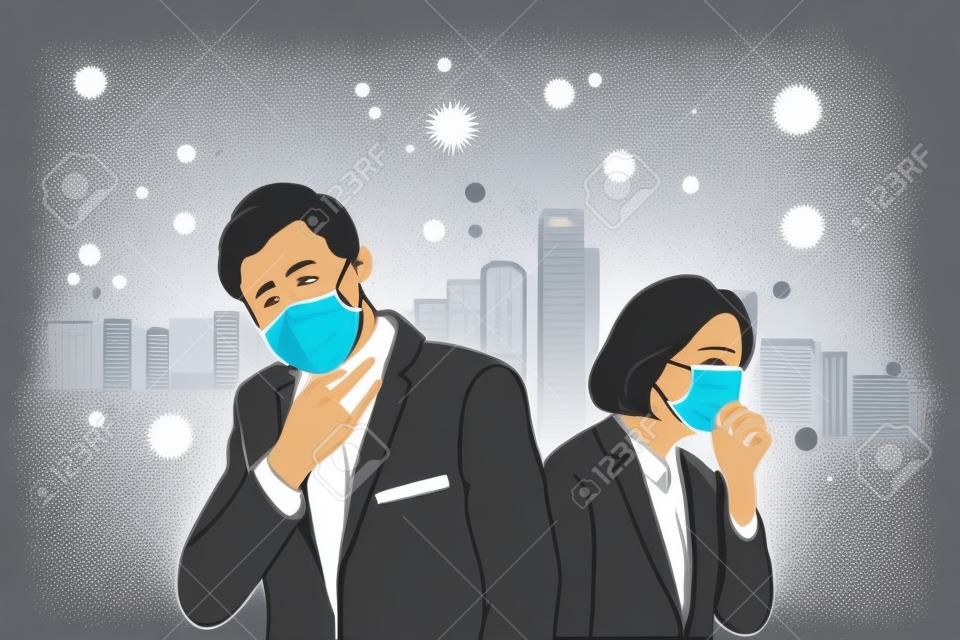 Op een fijne stoffige dag, een man en een vrouw in een stad in pakken dragen maskers en hoesten. hand getekende stijl vector design illustraties.