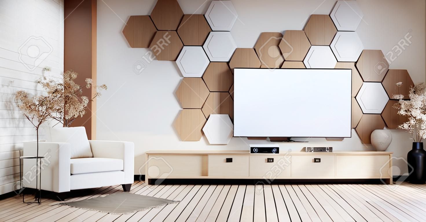 Meuble TV dans une pièce moderne avec un design minimaliste à six pans creux. Rendu 3D