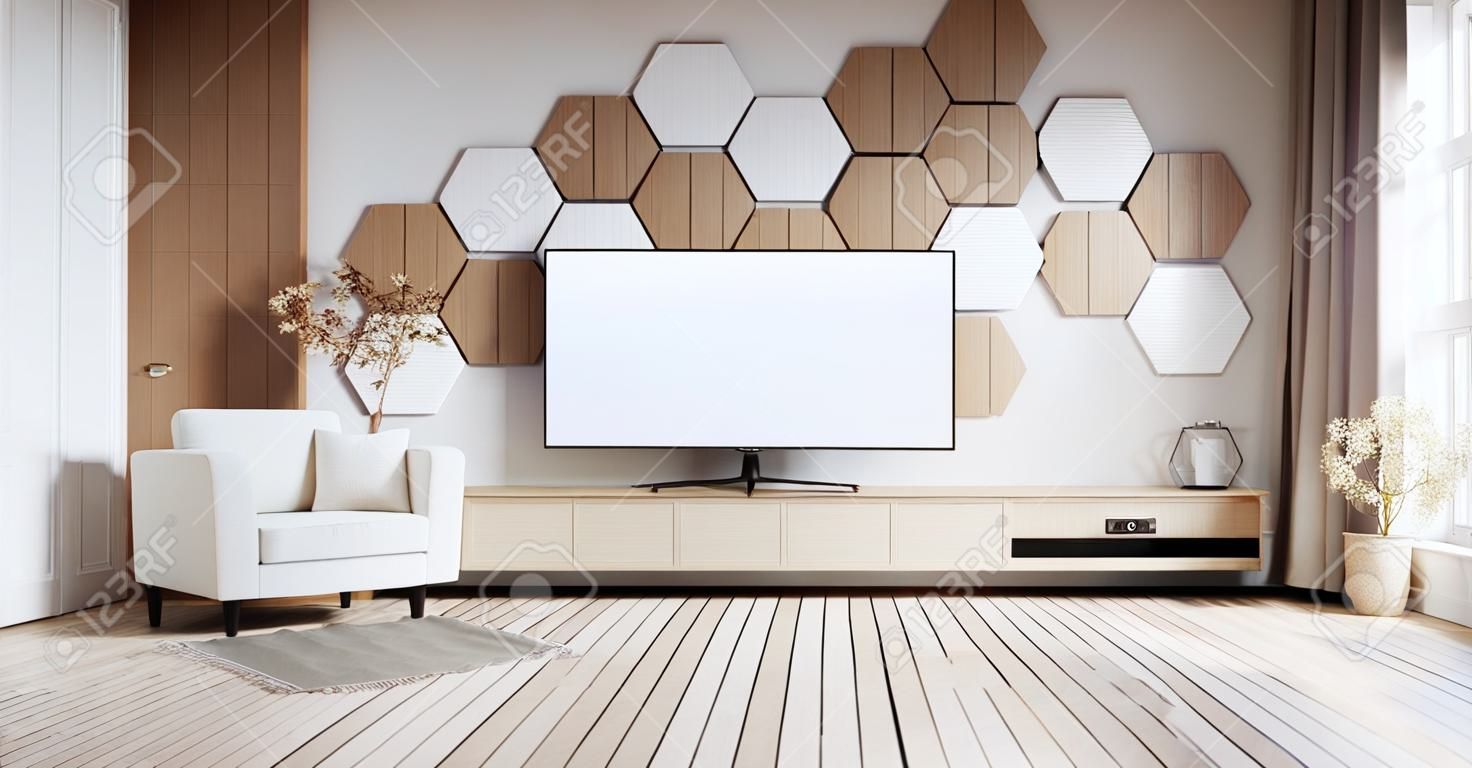 TV cabinet on modern room  with wall hexagon minimal design. 3D rendering