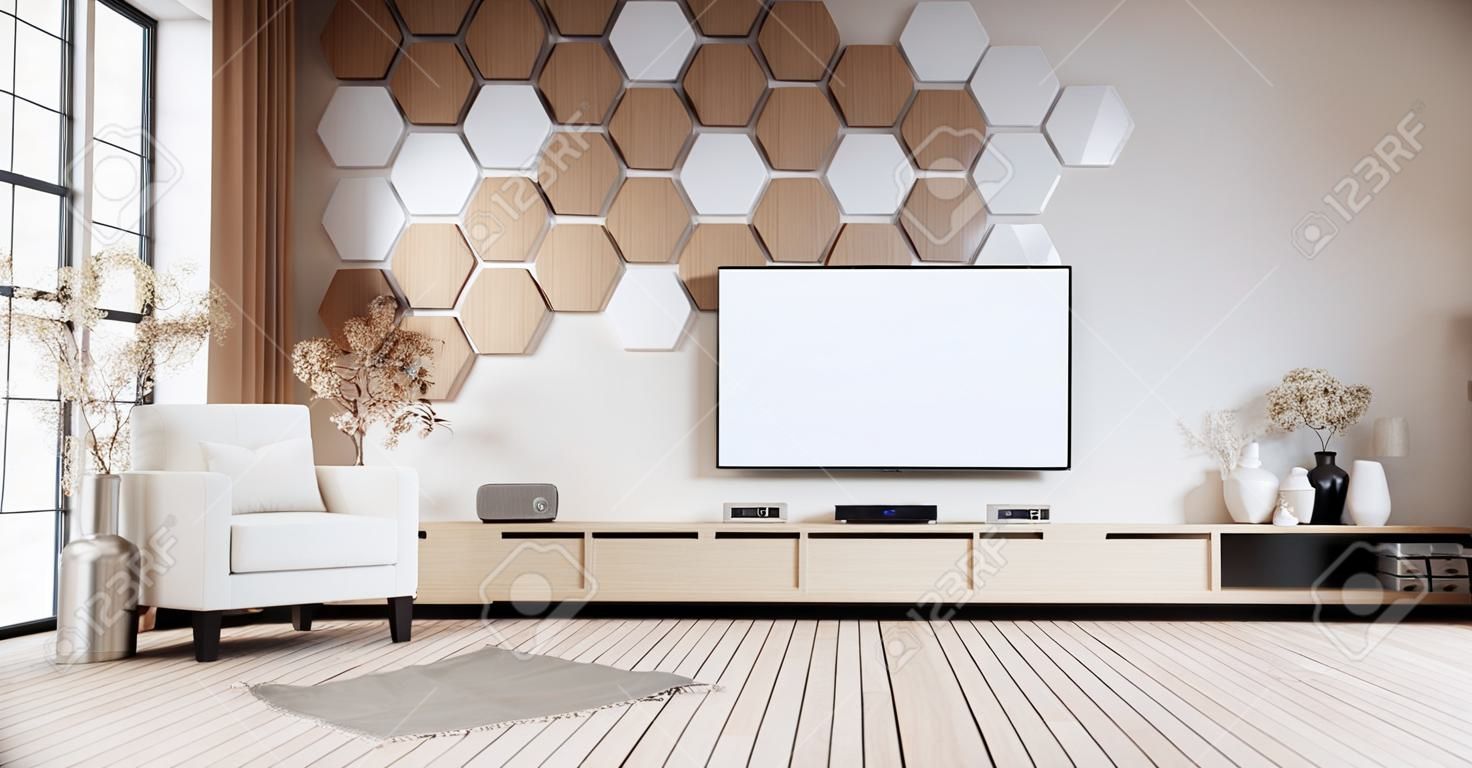 Meuble TV dans une pièce moderne avec un design minimaliste à six pans creux. Rendu 3D