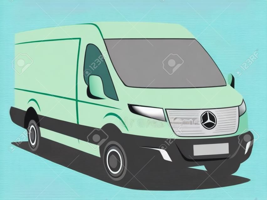 Dynamiczna ilustracja wektorowa komercyjnego samochodu dostawczego używanego do transportu ładunków. Może służyć jako logo.