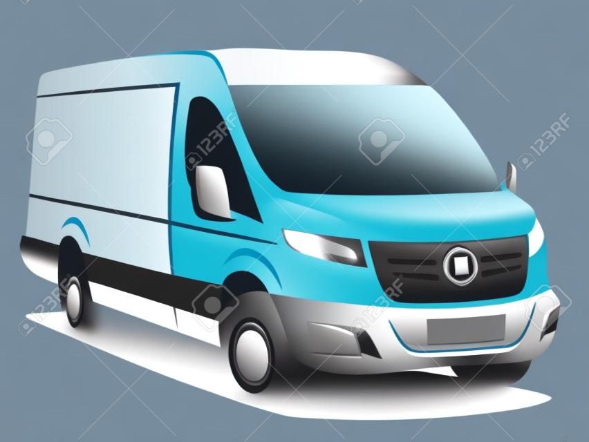 Ilustración de vector dinámico de una furgoneta de reparto comercial utilizada para transportar carga. Puede usarse como logo.