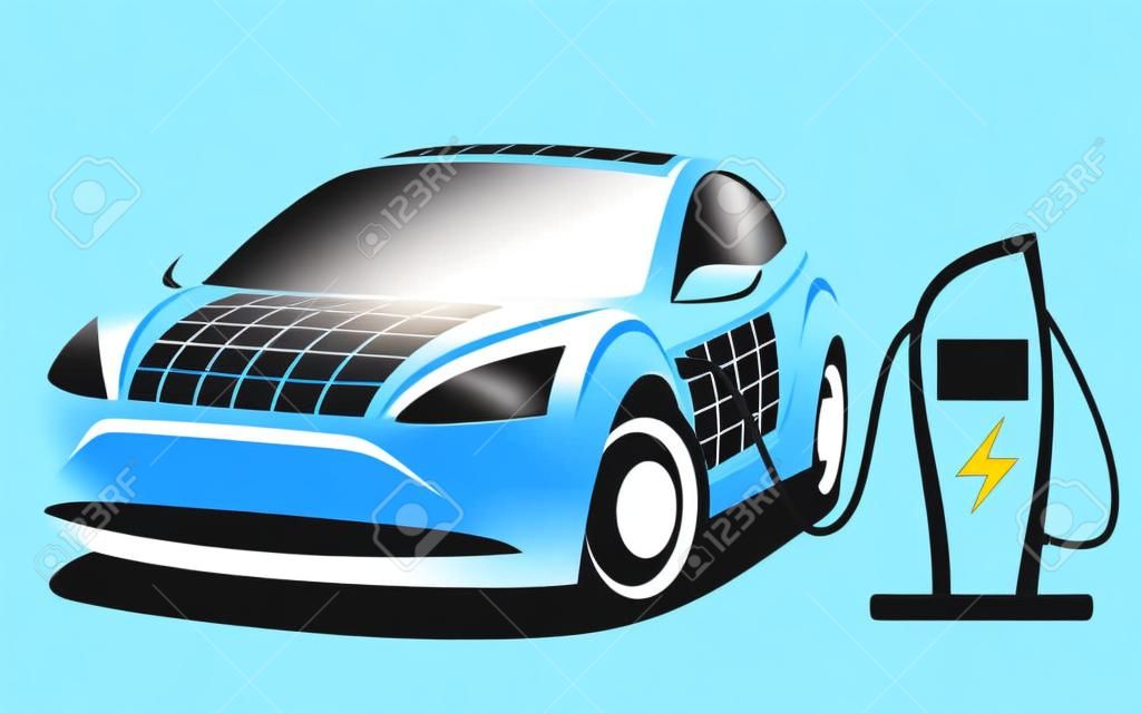 Illustration vectorielle d'une voiture électrique moderne avec un design aérodynamique sportif et des panneaux solaires chargés sur un point de charge spécial