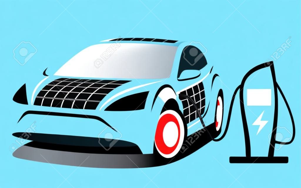 Illustration vectorielle d'une voiture électrique moderne avec un design aérodynamique sportif et des panneaux solaires chargés sur un point de charge spécial