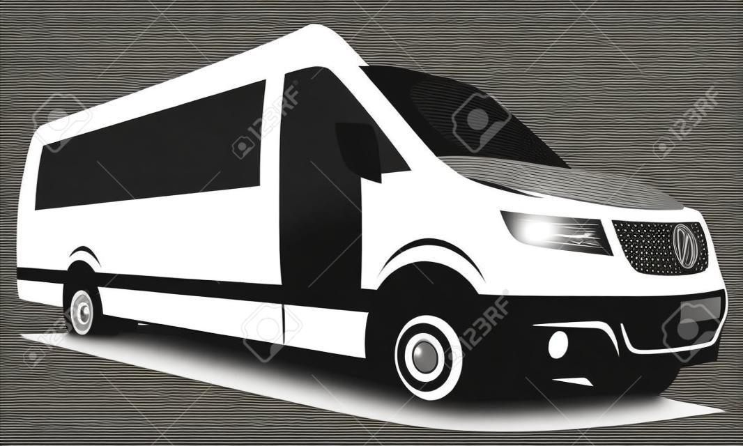 B&W vector illustration of a shuttle bus built from a modern van used to transport passengers from airports to city centers, conference venues and hotels