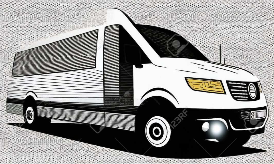 B&W vector illustration of a shuttle bus built from a modern van used to transport passengers from airports to city centers, conference venues and hotels