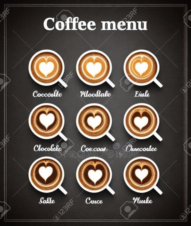 Кофе меню. Вид сверху. Различные виды кофе, шоколад, какао на доске. Идеально подходит для меню. Векторная иллюстрация.
