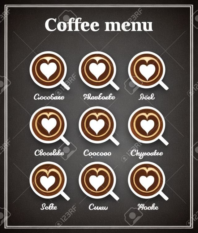 menù del caffè. Vista dall'alto. Diversi tipi di caffè, cioccolata, cacao sulla lavagna. Perfetto per il menu. Illustrazione vettoriale.