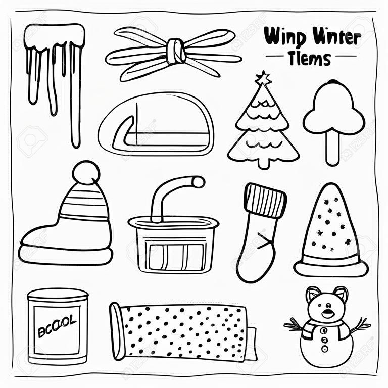 Collection of cute hand drawn outline winter items isolated on white background.