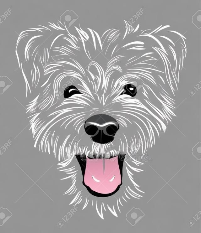 kutyafajta terrier, mosolygós kutya arc, portré, vázlat, fekete-fehér vektoros illusztráció