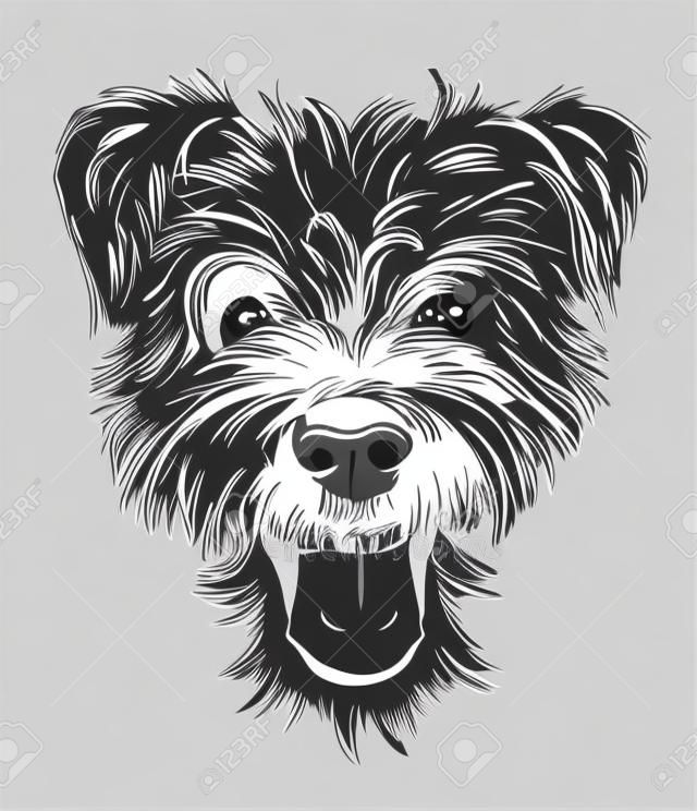 kutyafajta terrier, mosolygós kutya arc, portré, vázlat, fekete-fehér vektoros illusztráció