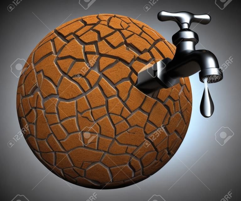 Drought-3D concept with faucet and cracked earth
