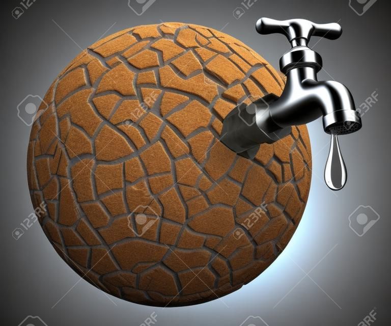 Drought-3D concept with faucet and cracked earth