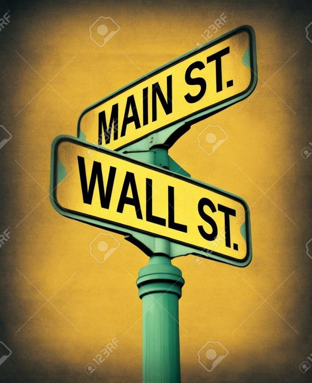 Rétro signe de rue avec Wall Street et de la rue principale