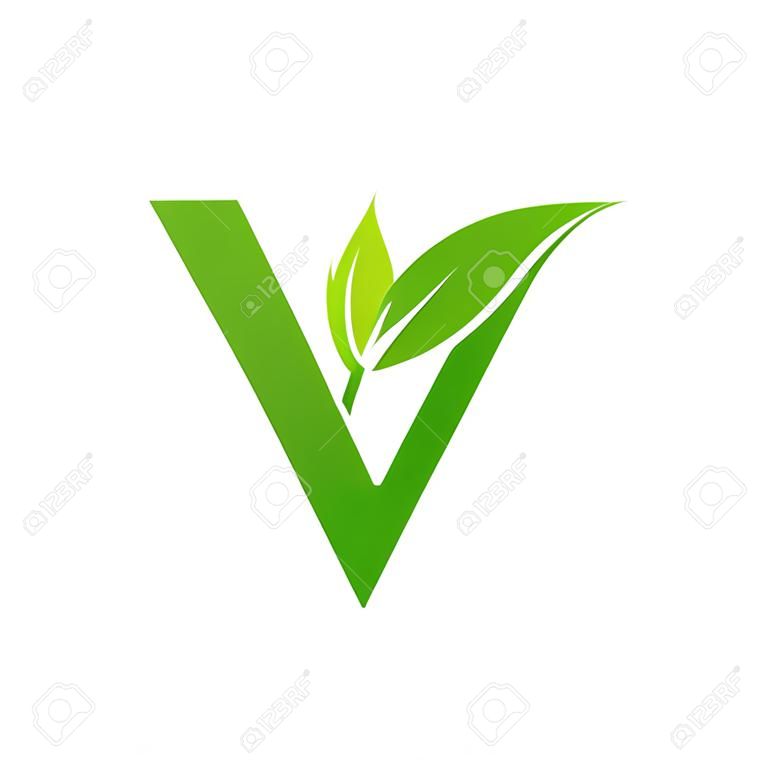 letter V logo concept, nature green leaf symbol, initials V icon design