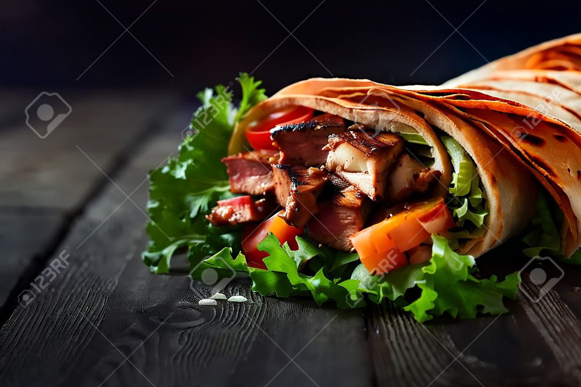 Shawarma rolled in lavash, moist grilled meat with onion, herbs and vegetables on dark wooden background