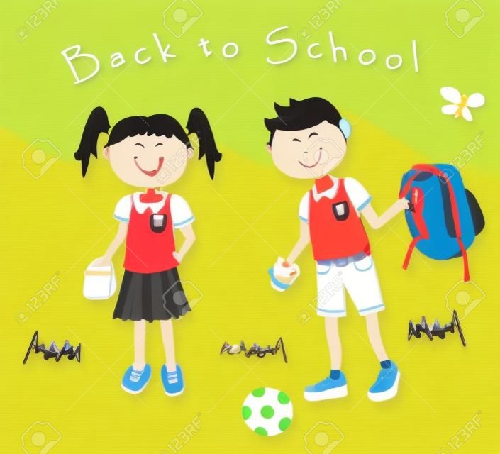 Linda pareja de niños asiáticos dibujos animados que se remonta a la escuela con almuerzo y mochila, cada uno en su uniforme.