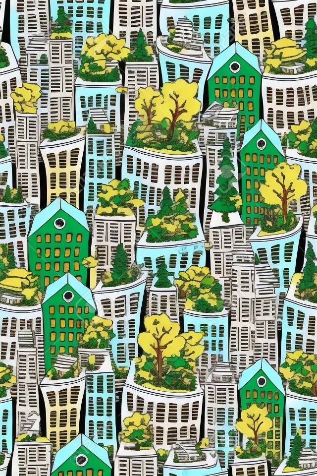Motif de paysage urbain homogène amusement avec de grands bâtiments et skyscrappers, toits verts et panneaux solaires