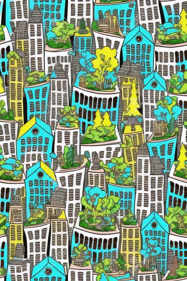Pejzaż bez szwu wzór zabawa z wysokich budynków i skyscrappers, zielonych dachów i panelach słonecznych