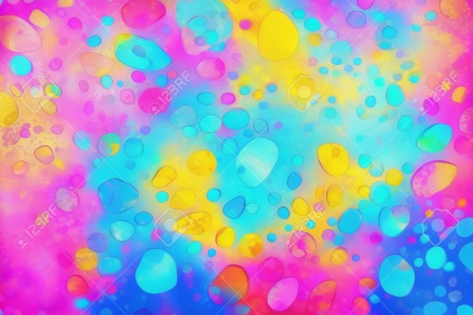 Bolle astratte di acqua e olio su sfondo colorato, rosa, oro e blu