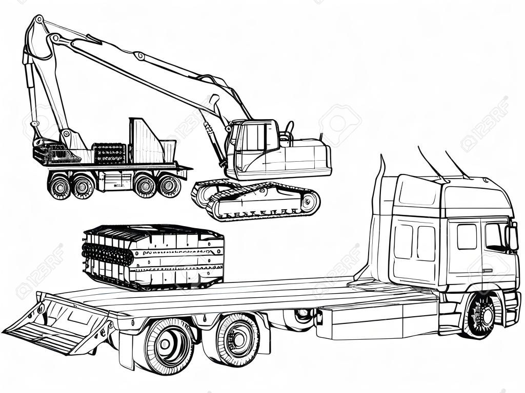 Прицеп И Экскаватор С Низкой Платформой. Провод-кадр. EPS10. Вектор Создан  Из 3d. Клипарты, SVG, векторы, и Набор Иллюстраций Без Оплаты Отчислений.  Image 87659165