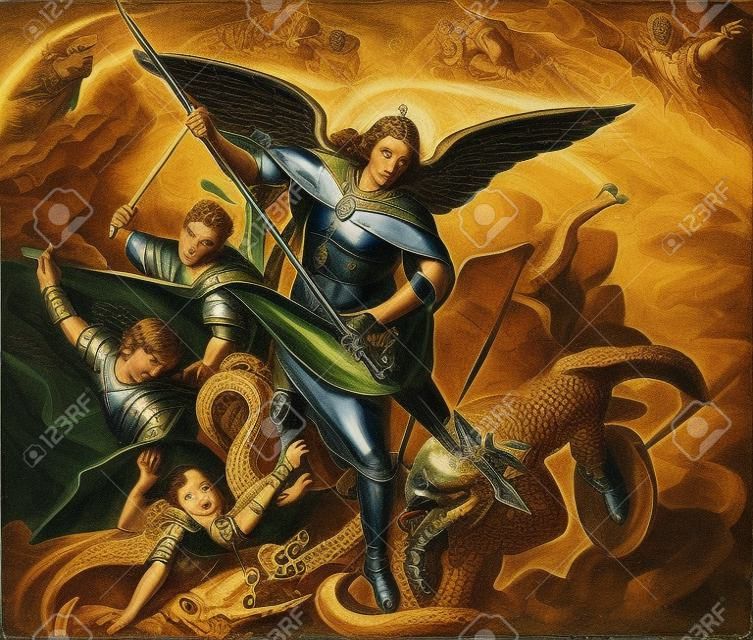 Arcangelo Michele in lotta con il drago, incisione di Nazareene School, pubblicato nella Sacra Bibbia, St.Vojtech Publishing, Trnava, Slovacchia, 1937.