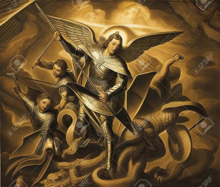 大天使邁克爾與龍搏鬥，刻有納薩雷尼學校的版畫，發表於1937年，斯洛伐克特爾納瓦，聖Vojtech出版社，《聖經》。