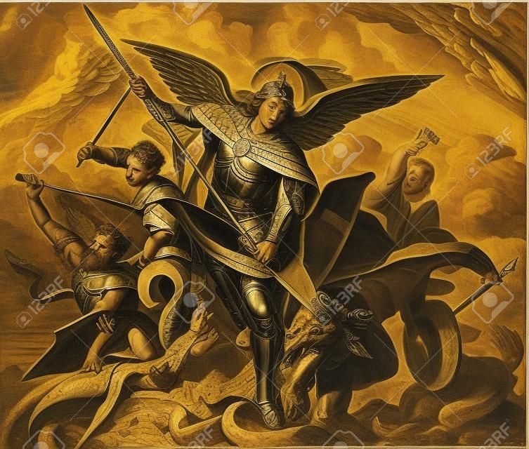 Arcangelo Michele in lotta con il drago, incisione di Nazareene School, pubblicato nella Sacra Bibbia, St.Vojtech Publishing, Trnava, Slovacchia, 1937.