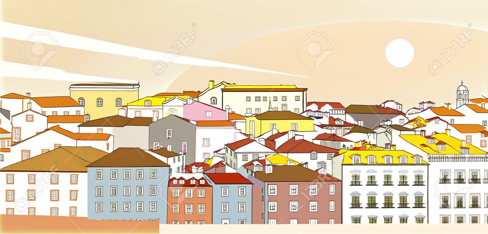 Vista del paesaggio urbano di Lisbona. Punto di riferimento tradizionale di Lisbona. Illustrazione vettoriale