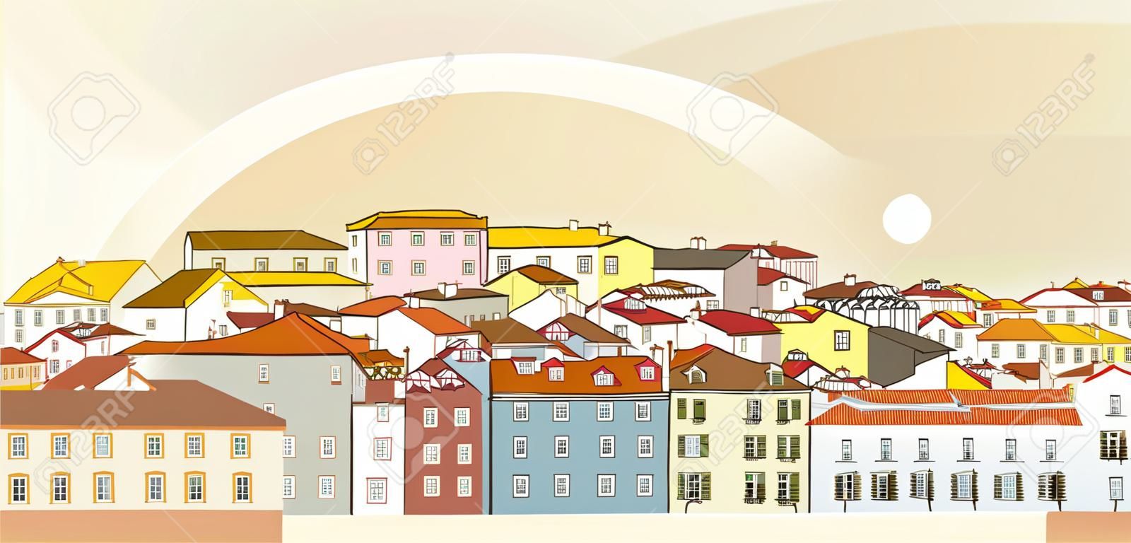 Vista del paesaggio urbano di Lisbona. Punto di riferimento tradizionale di Lisbona. Illustrazione vettoriale
