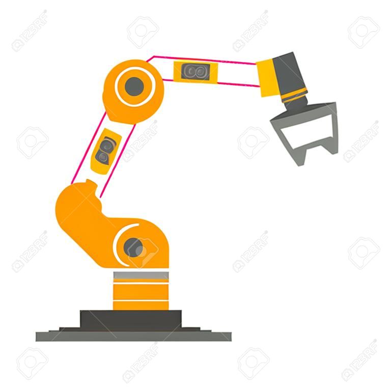 로봇 팔 평면 스타일 디자인 벡터 아이콘 아이콘 흰색 배경에 고립. 로봇 팔 또는 손. 산업용 로봇 매니퓰레이터. 현대 스마트 인더스트리 4.0 기술. 자동화된 제조